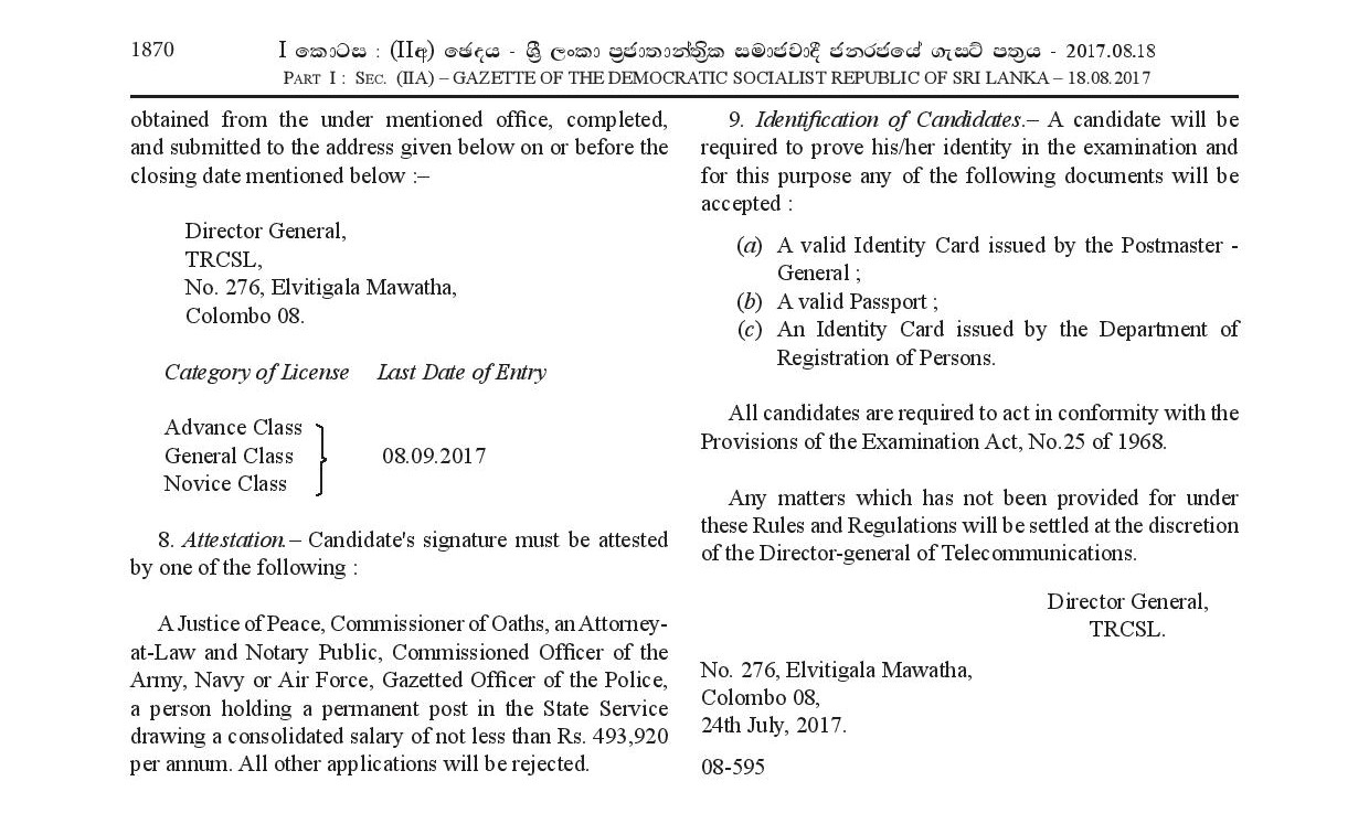 Examination for the Issue of Amateur Radio Operatorâ€™s License (2017) -Telecommunications Regulatory Commission of Sri Lanka (TRCSL)